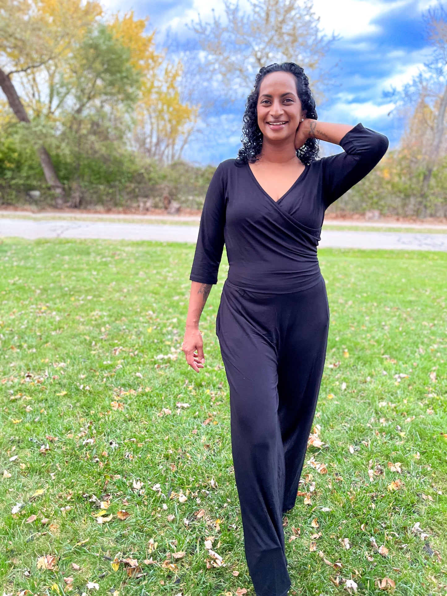 Women's 3/4 Sleeve Wide Leg Jumpsuit - Black Solid