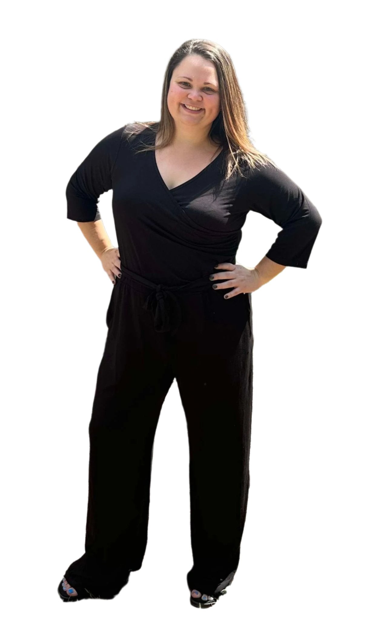 Women's 3/4 Sleeve Wide Leg Jumpsuit - Black Solid