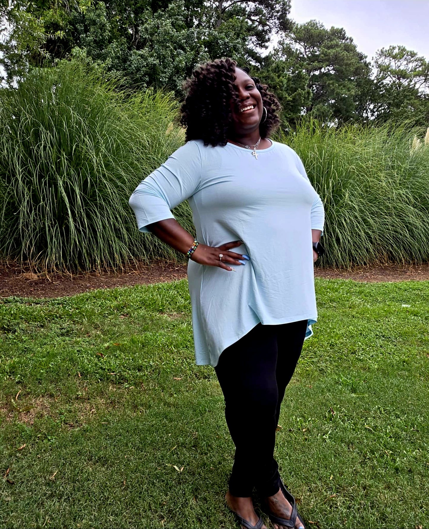 Misty Teal Women's 3/4 Sleeve Flowy Hi-low Top