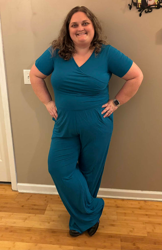 Obsidian Blue Women's Short Sleeve Wide Leg Jumpsuit