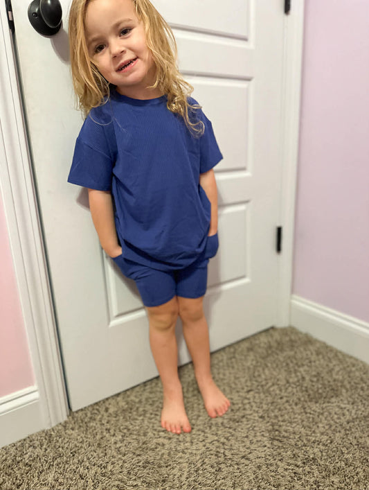 Navy Ribbed Oversized Shirt and Biker Short 2 Piece Lounge Set