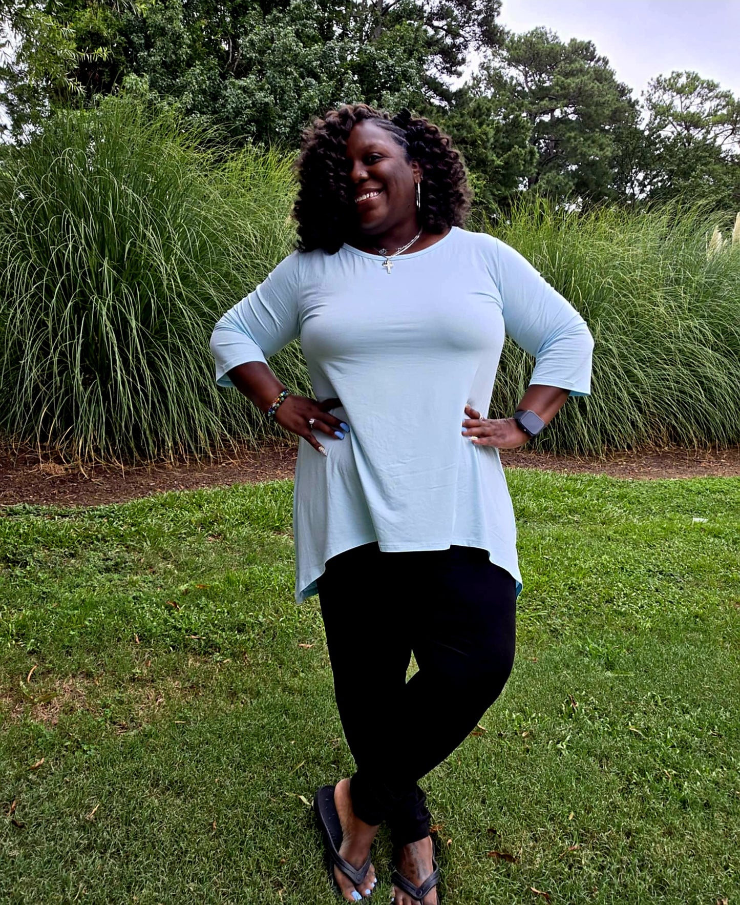 Misty Teal Women's 3/4 Sleeve Flowy Hi-low Top