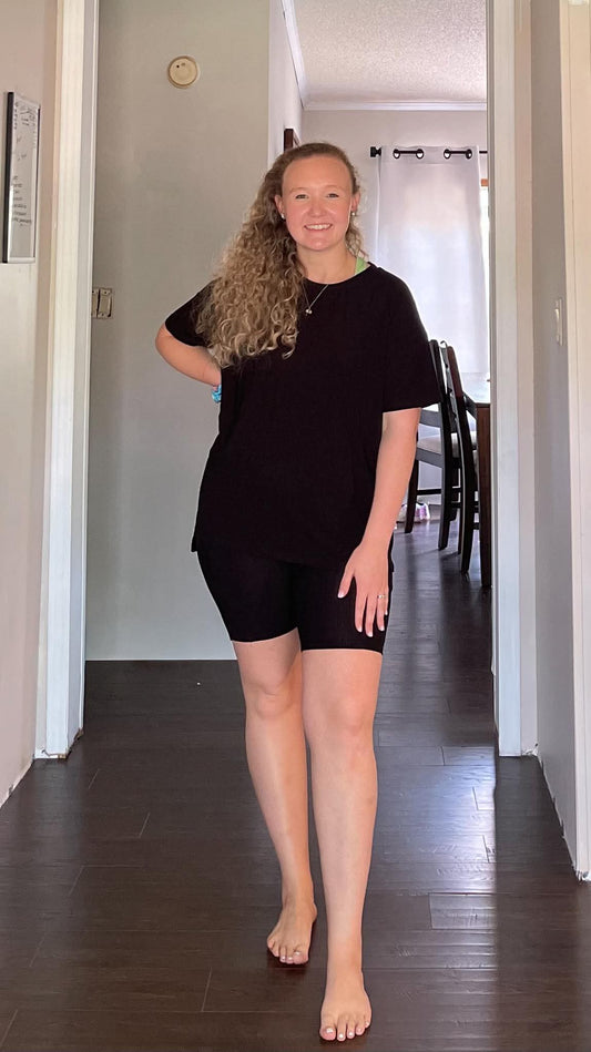 Luxe Noir Ribbed Women's Oversized Shirt and Biker Short