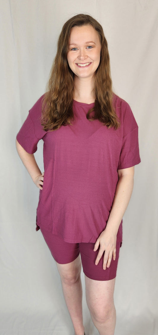 Mauve Ribbed Women's Oversized Shirt and Biker Short