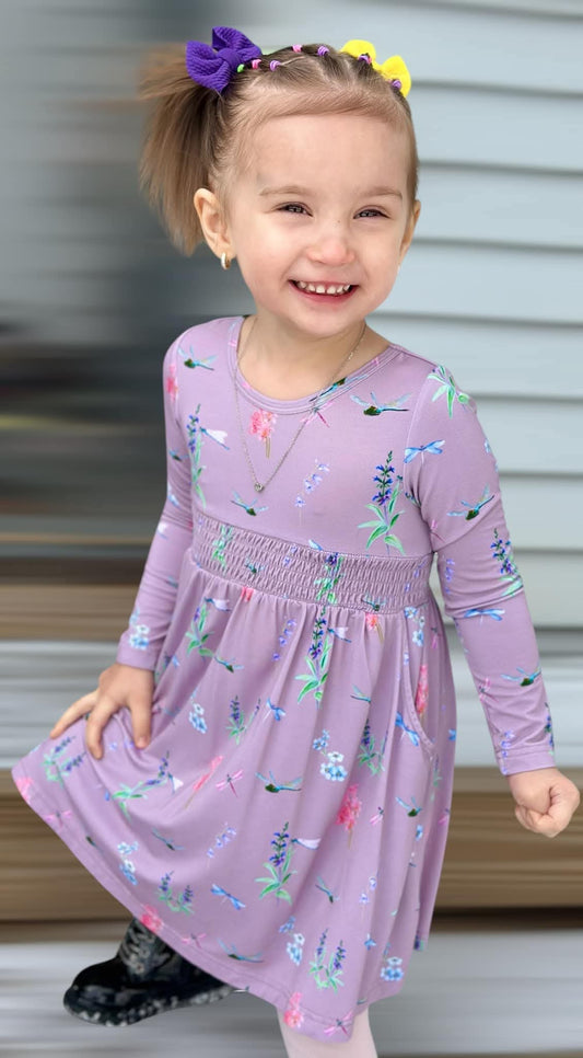 Dragonfly Meadow Smocked Waist Twirl Dress with Pockets