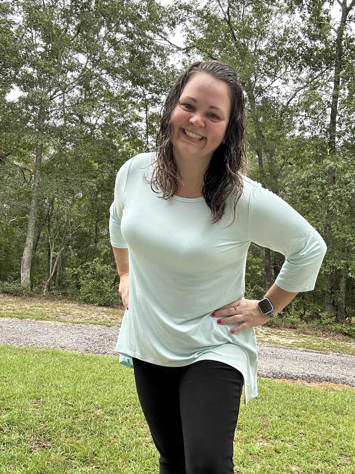 Misty Teal Women's 3/4 Sleeve Flowy Hi-low Top