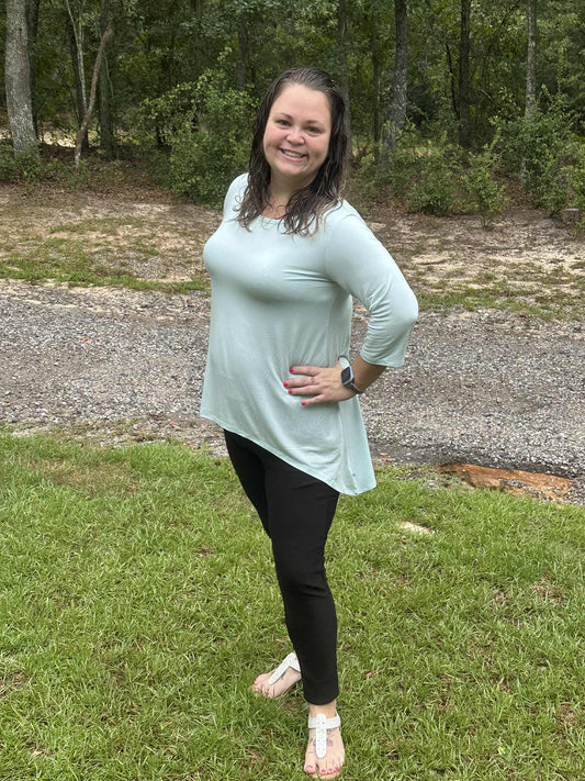 Misty Teal Women's 3/4 Sleeve Flowy Hi-low Top