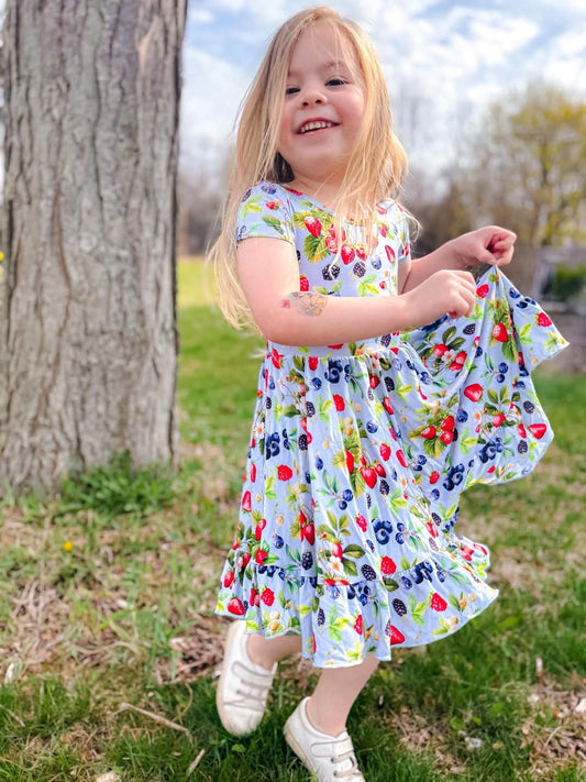 Berry Delight Twirl Dress with Pockets & Shorts Set