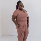 Mocha Women's Short Sleeve Jogger Leg Jumpsuit