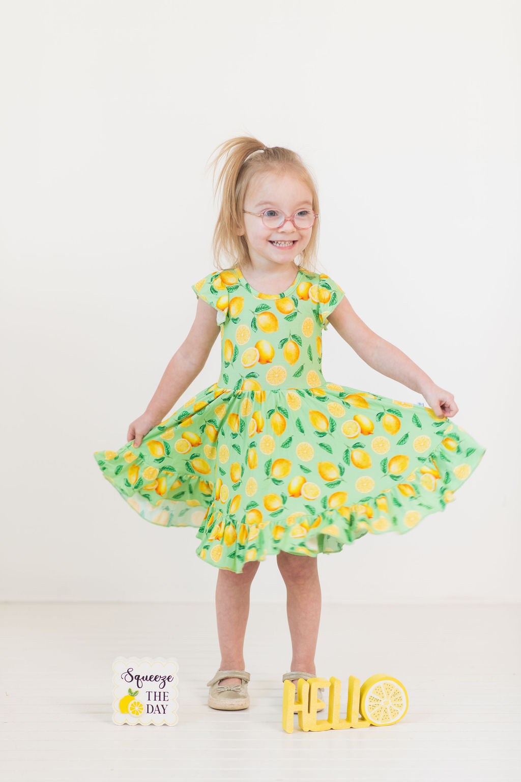 Lemon Pop Twirl Dress with Pockets & Shorts Set