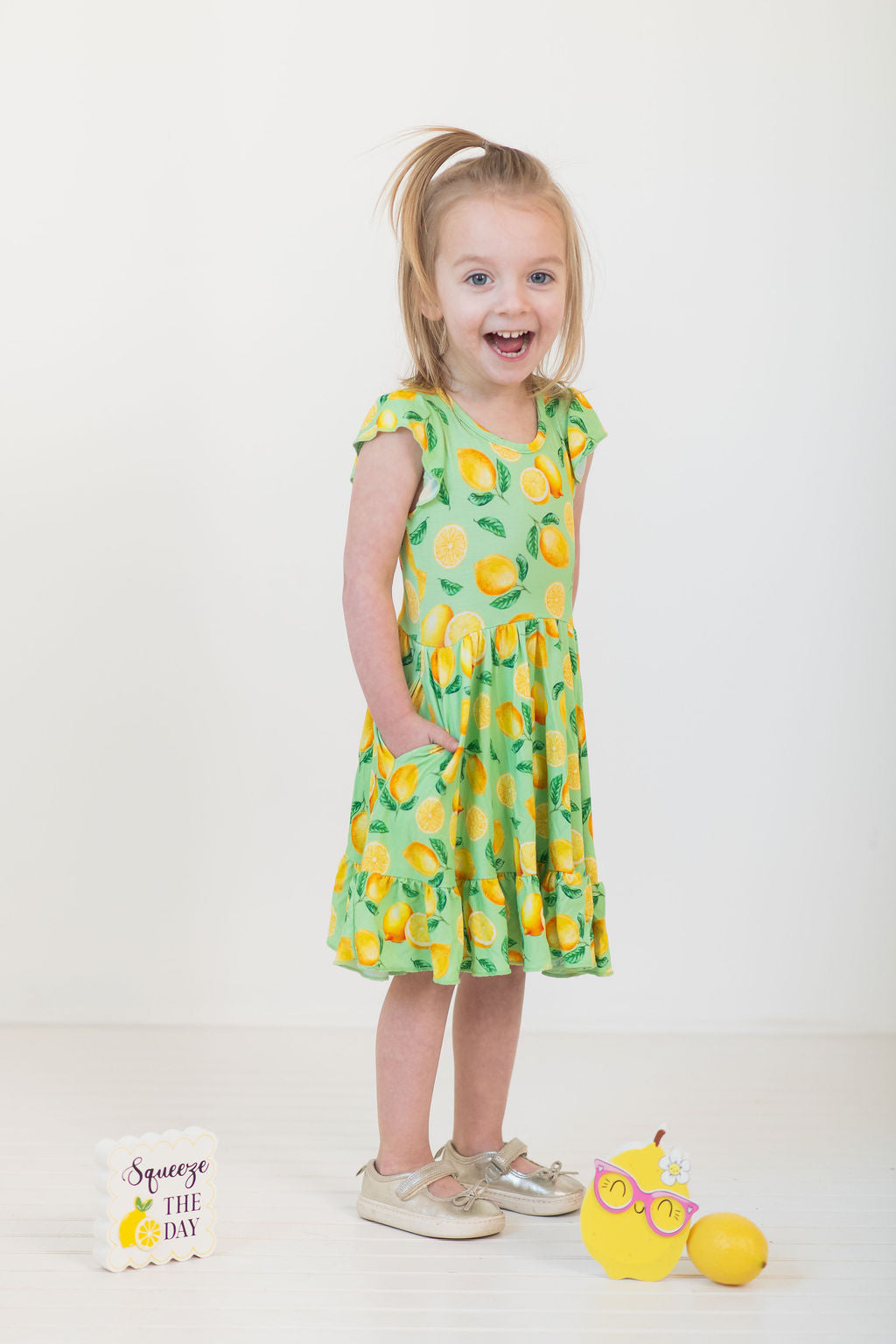 Lemon Pop Twirl Dress with Pockets & Shorts Set