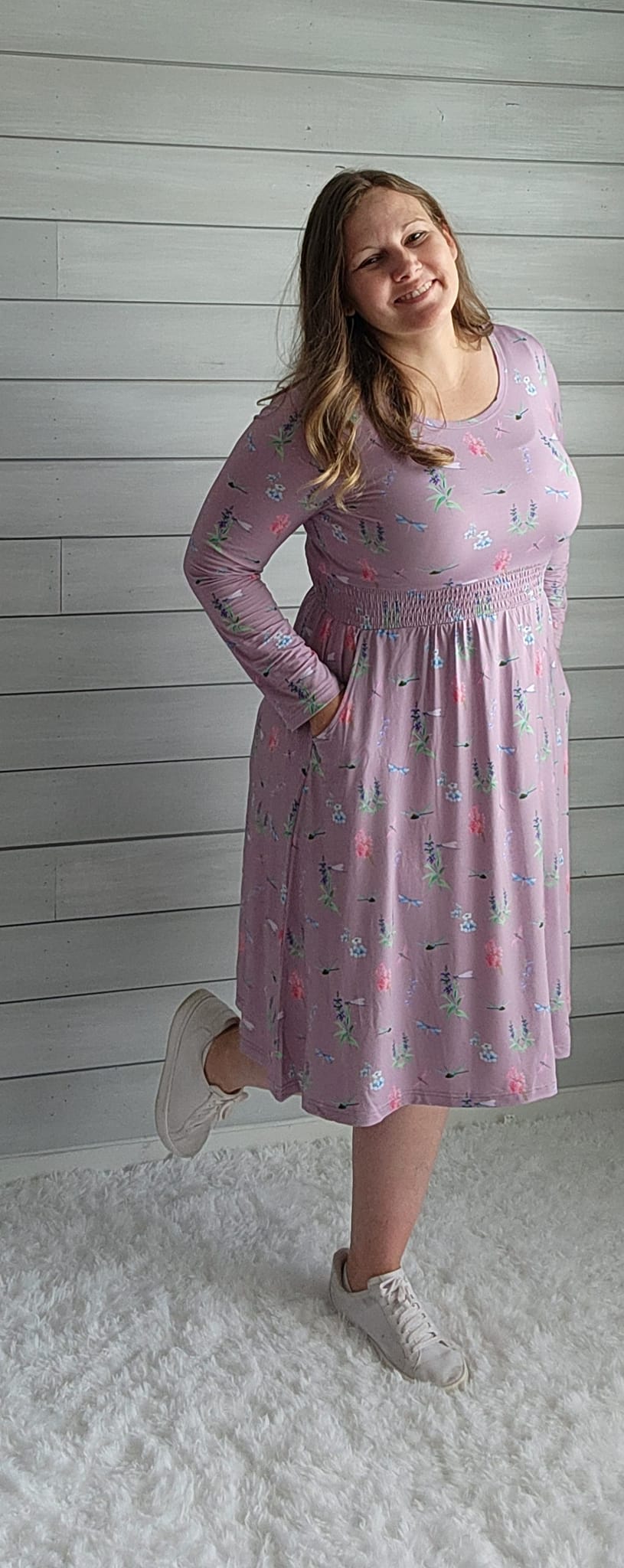 Dragonfly Meadow Smocked Waist 3/4 - Long sleeve Women's Dress