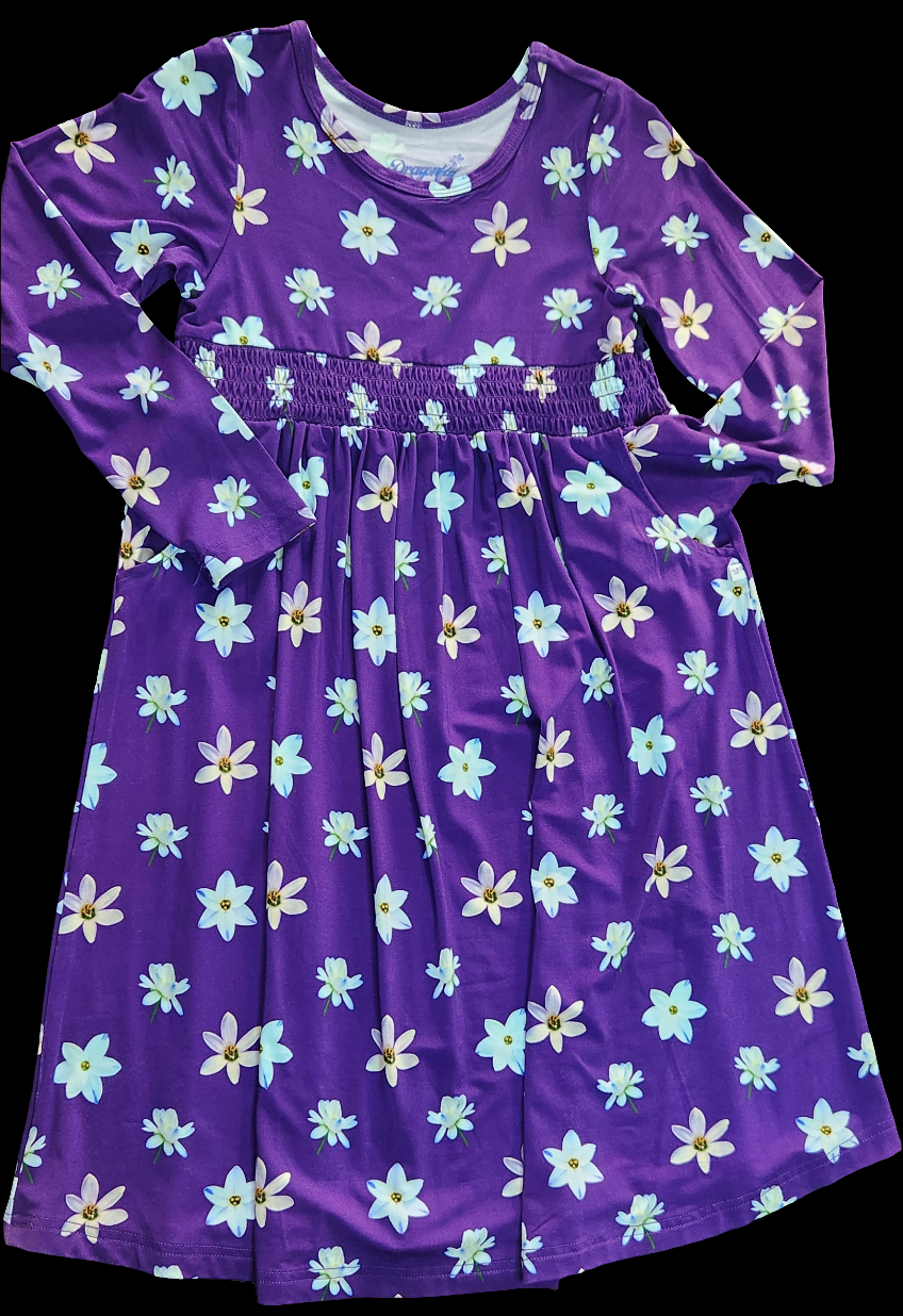 Twilight Blooms Smocked Waist Twirl Dress with Pockets