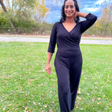 Women's 3/4 Sleeve Wide Leg Jumpsuit -  Black Solid