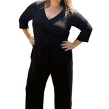 Women's 3/4 Sleeve Wide Leg Jumpsuit -  Black Solid