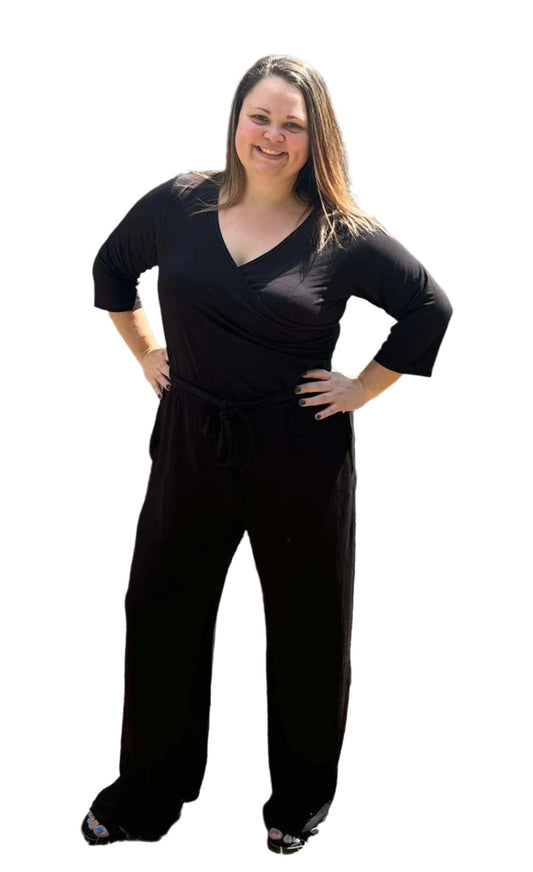 Women's 3/4 Sleeve Wide Leg Jumpsuit -  Black Solid