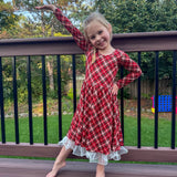 Crimson Tartan Long Sleeve Twirl Dress with Pockets