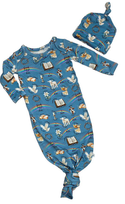 God Says I Am Newborn Gown and Hat Set