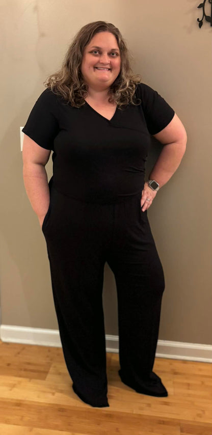 Luxe Noir Women's Short Sleeve Wide Leg Jumpsuit