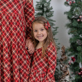 Crimson Tartan Long Sleeve Twirl Dress with Pockets