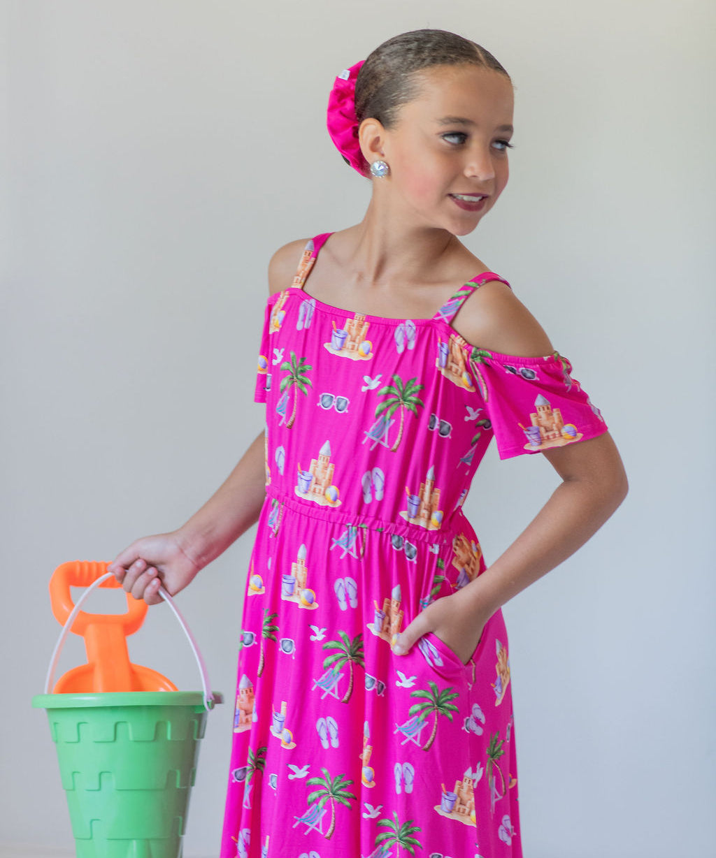 Seaside Pink Peekaboo Shoulder Twirl Dress with Pockets & Shorts Set