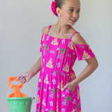 Seaside Pink Peekaboo Shoulder Twirl Dress with Pockets & Shorts Set