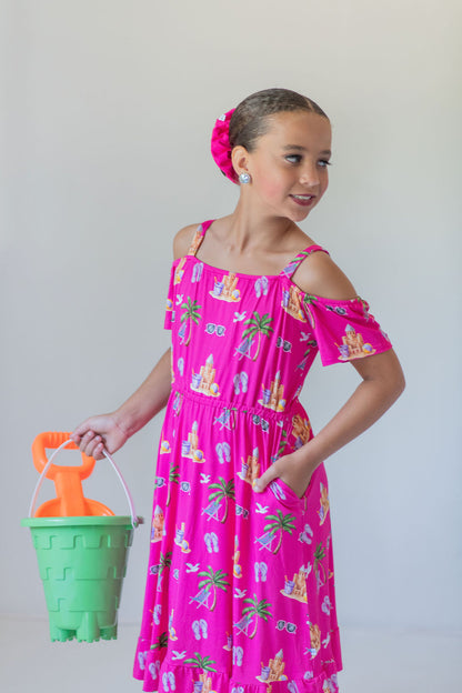 Seaside Pink Peekaboo Shoulder Twirl Dress with Pockets & Shorts Set