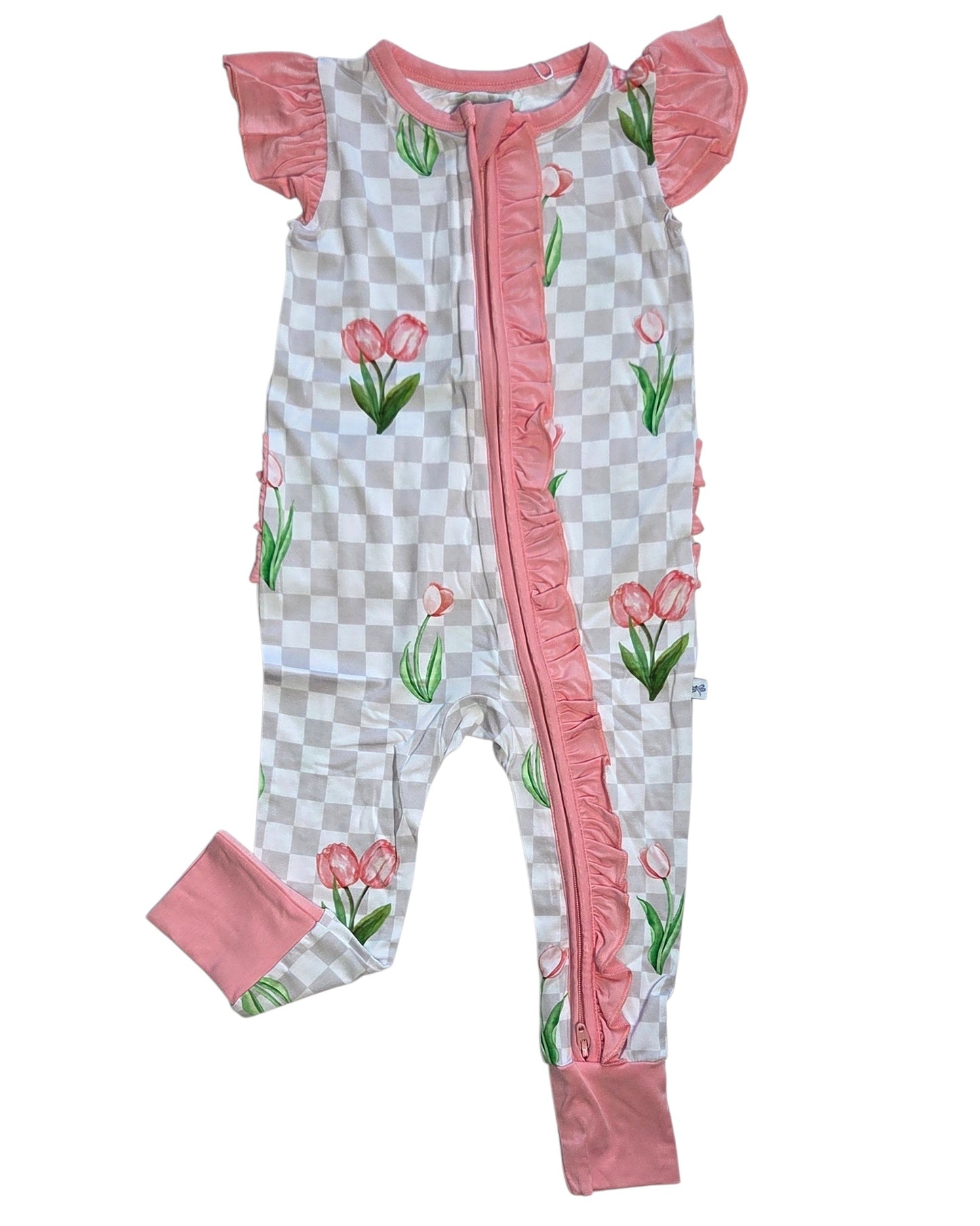 Checkered In Bloom Ruffle Sleeve Romper