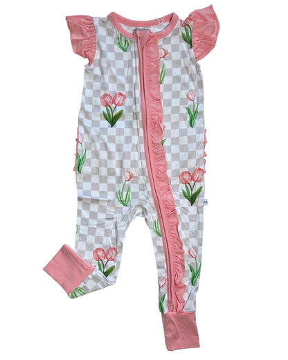 Checkered In Bloom Ruffle Sleeve Romper