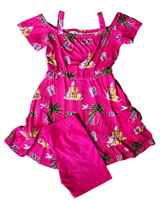 Seaside Pink Peekaboo Shoulder Twirl Dress with Pockets & Shorts Set