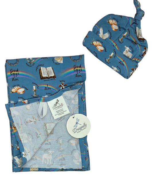 God Says I Am Swaddle and Hat Set