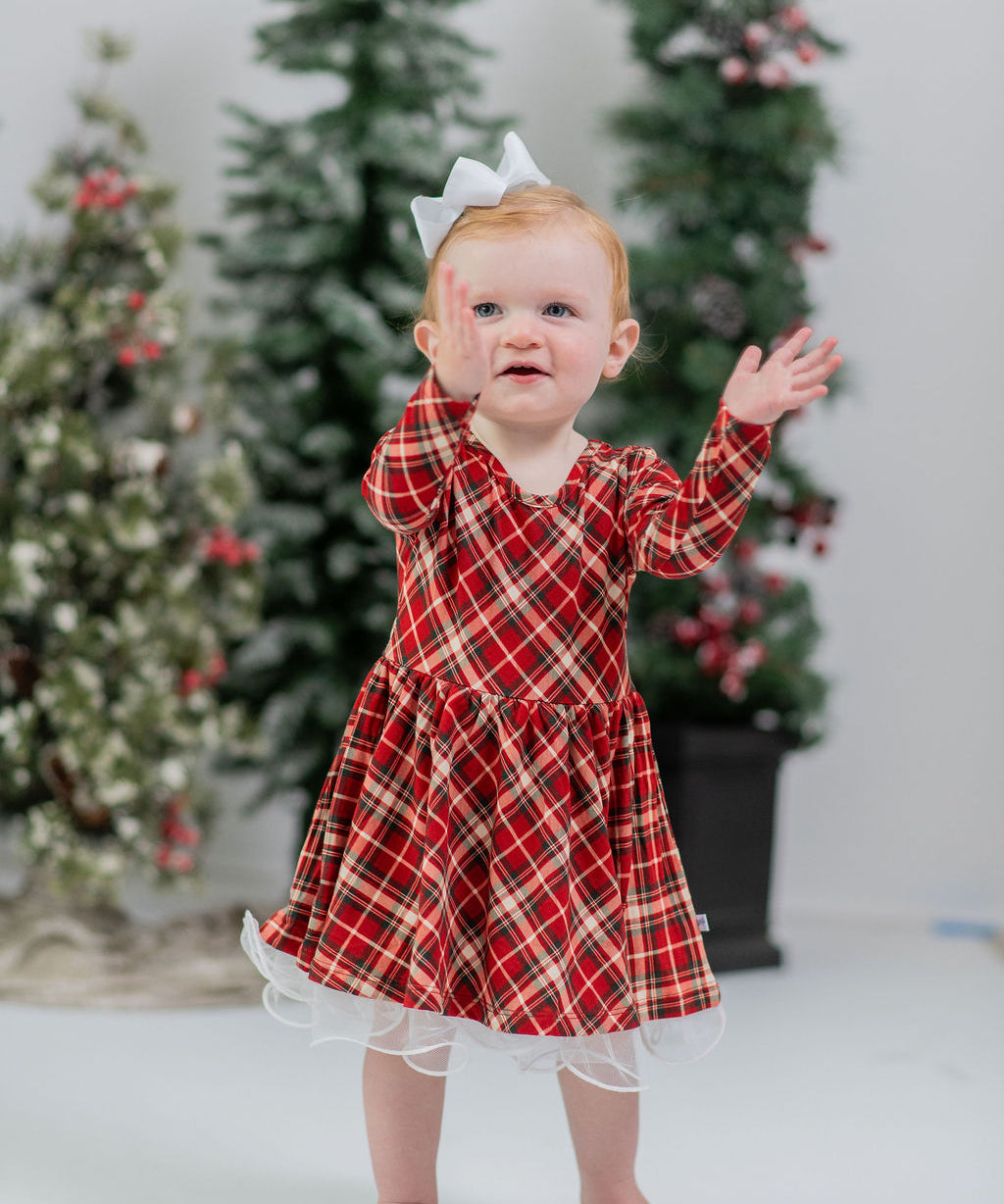 Crimson Tartan Long Sleeve Twirl Dress with Bodysuit