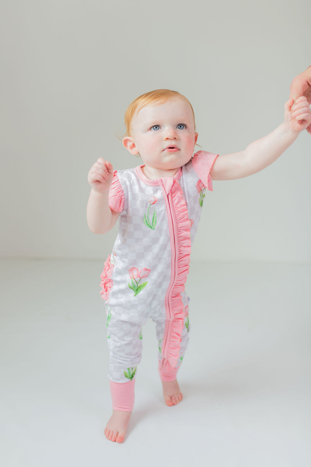 Checkered In Bloom Ruffle Sleeve Romper