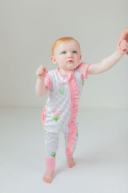 Checkered In Bloom Ruffle Sleeve Romper