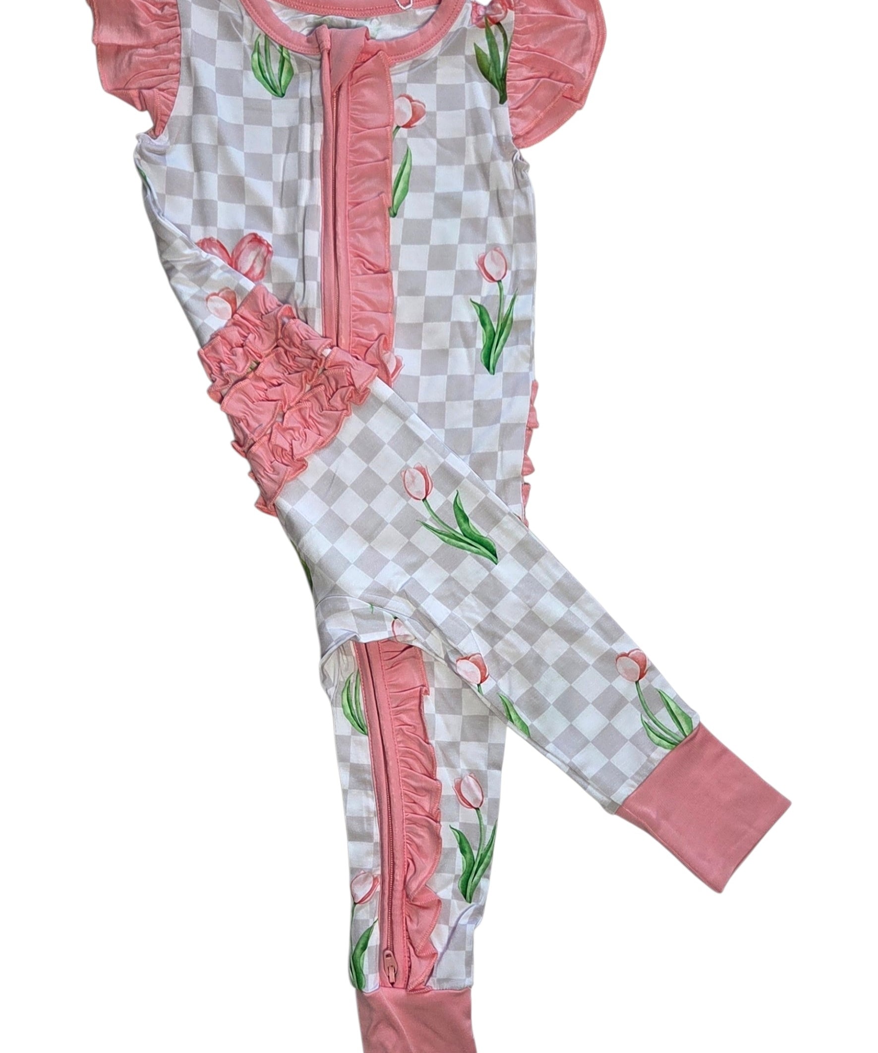 Checkered In Bloom Ruffle Sleeve Romper