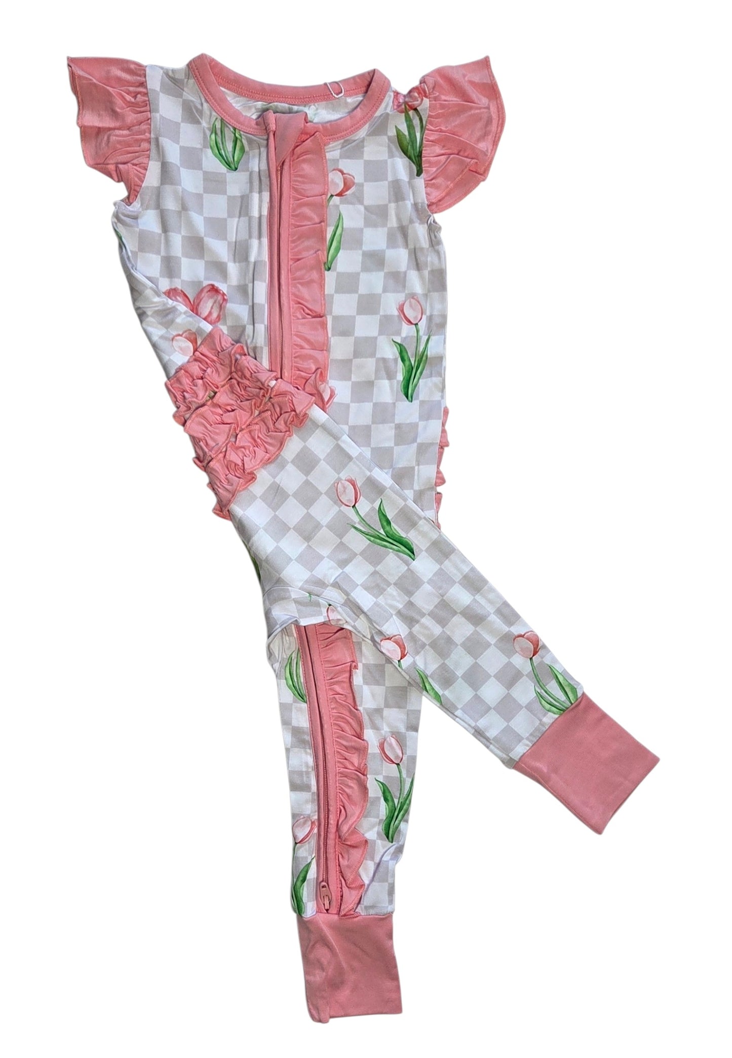 Checkered In Bloom Ruffle Sleeve Romper