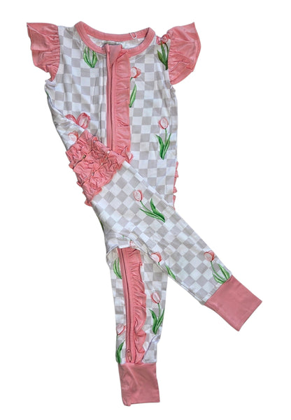 Checkered In Bloom Ruffle Sleeve Romper