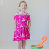 Seaside Pink Peekaboo Shoulder Twirl Dress with Pockets & Shorts Set