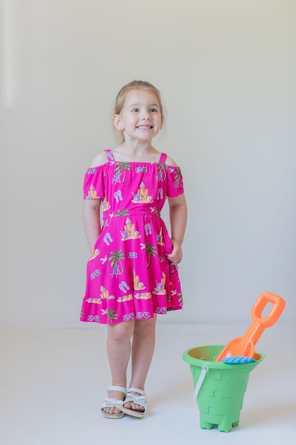 Seaside Pink Peekaboo Shoulder Twirl Dress with Pockets & Shorts Set