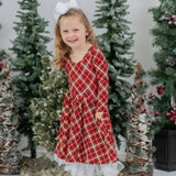 Crimson Tartan Long Sleeve Twirl Dress with Pockets