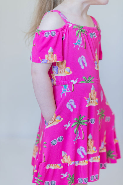 Seaside Pink Peekaboo Shoulder Twirl Dress with Pockets & Shorts Set