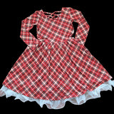 Crimson Tartan Long Sleeve Twirl Dress with Pockets