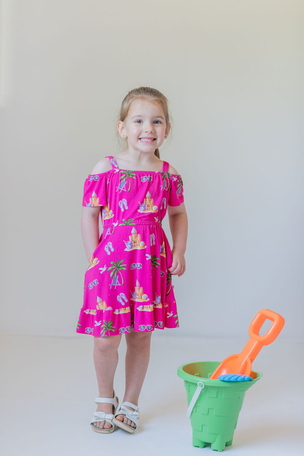 Seaside Pink Peekaboo Shoulder Twirl Dress with Pockets & Shorts Set