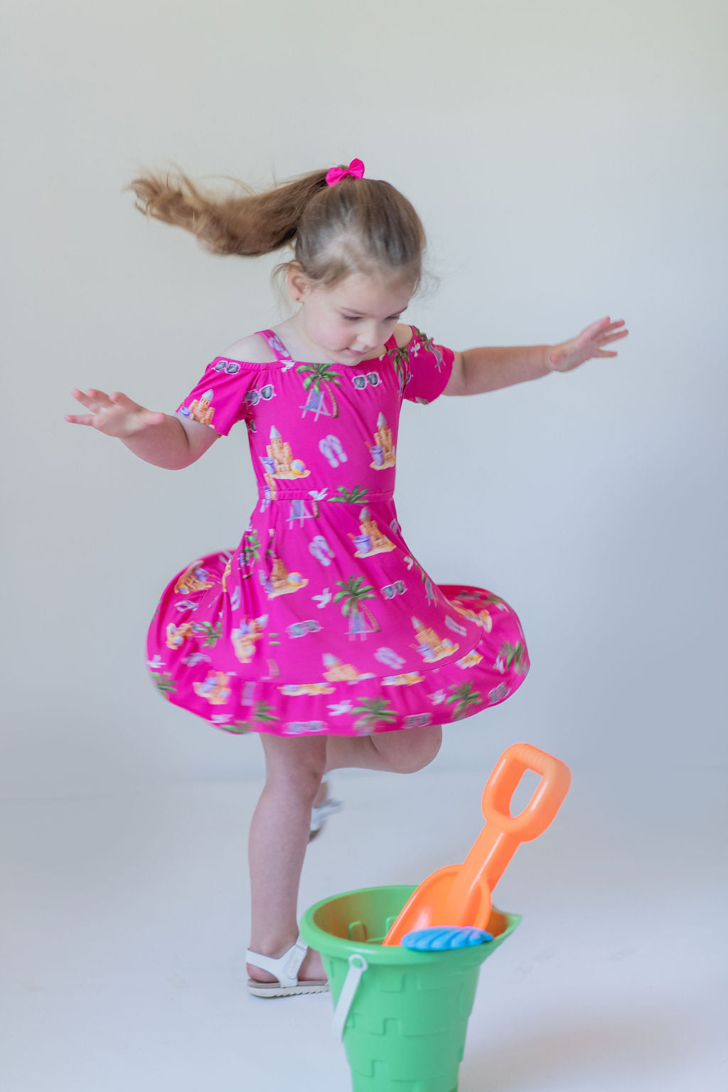 Seaside Pink Peekaboo Shoulder Twirl Dress with Pockets & Shorts Set