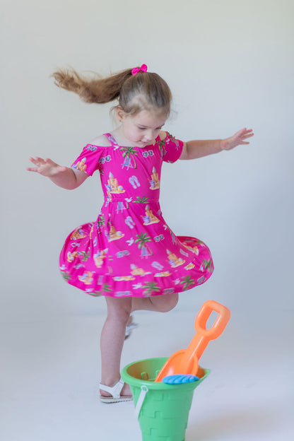 Seaside Pink Peekaboo Shoulder Twirl Dress with Pockets & Shorts Set