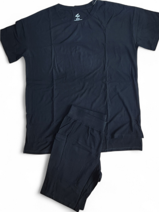 Luxe Noir Ribbed Women's Oversized Shirt and Biker Short