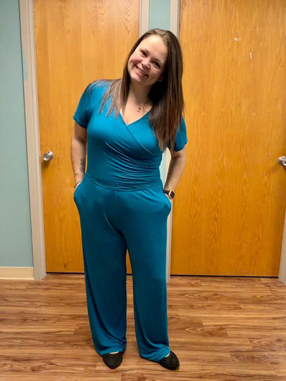 Obsidian Blue Women's Short Sleeve Wide Leg Jumpsuit