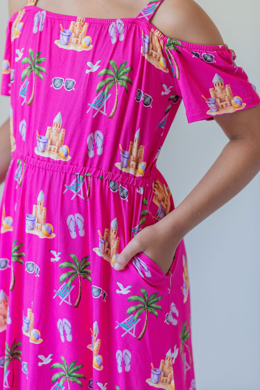 Seaside Pink Peekaboo Shoulder Twirl Dress with Pockets & Shorts Set