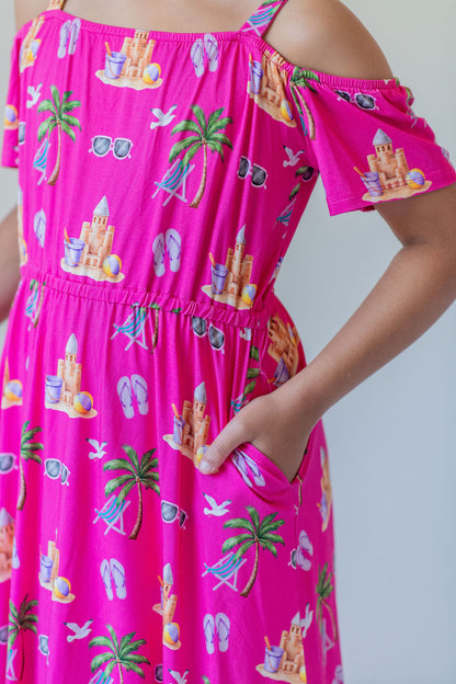 Seaside Pink Peekaboo Shoulder Twirl Dress with Pockets & Shorts Set
