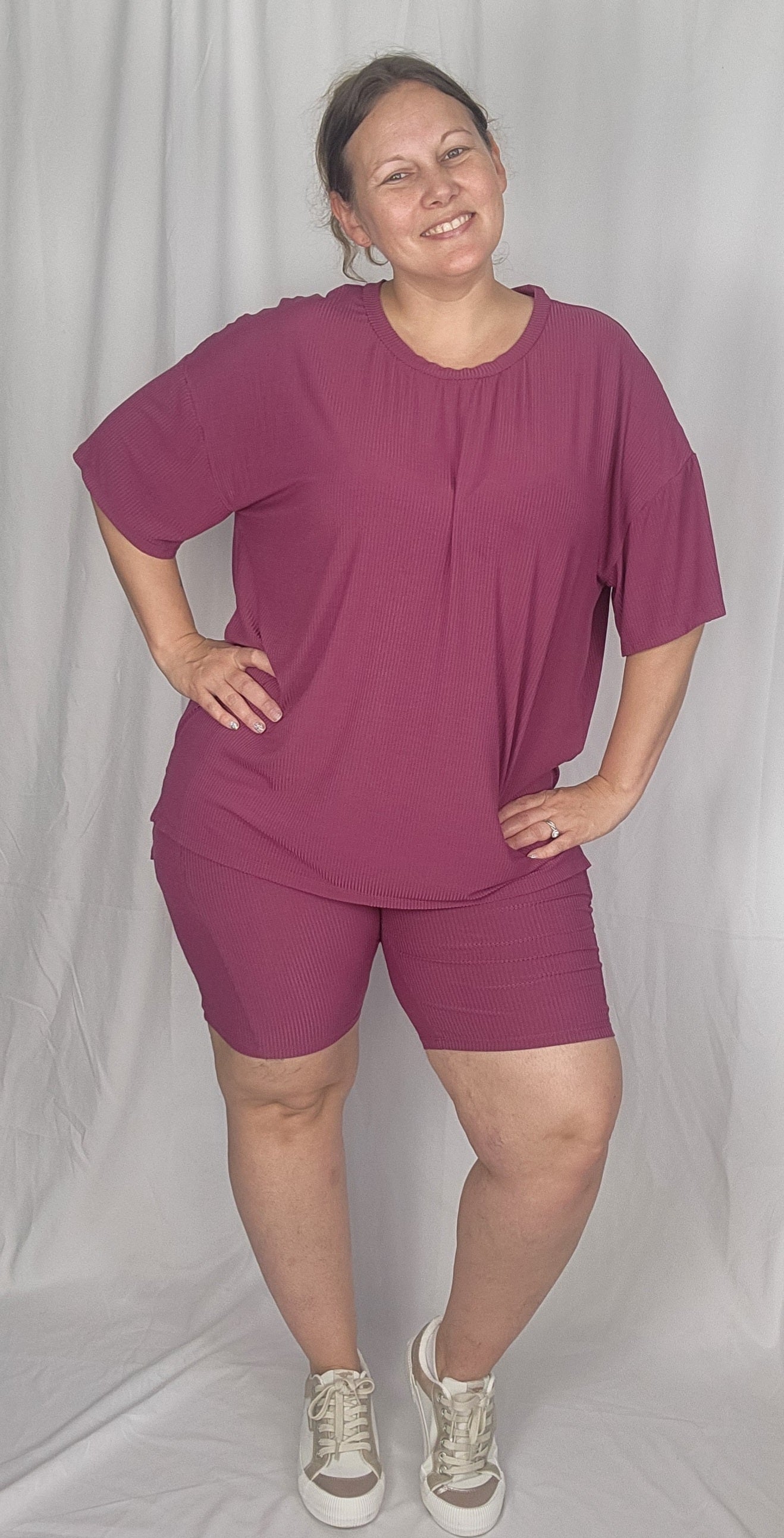 Mauve Ribbed Women's Oversized Shirt and Biker Short